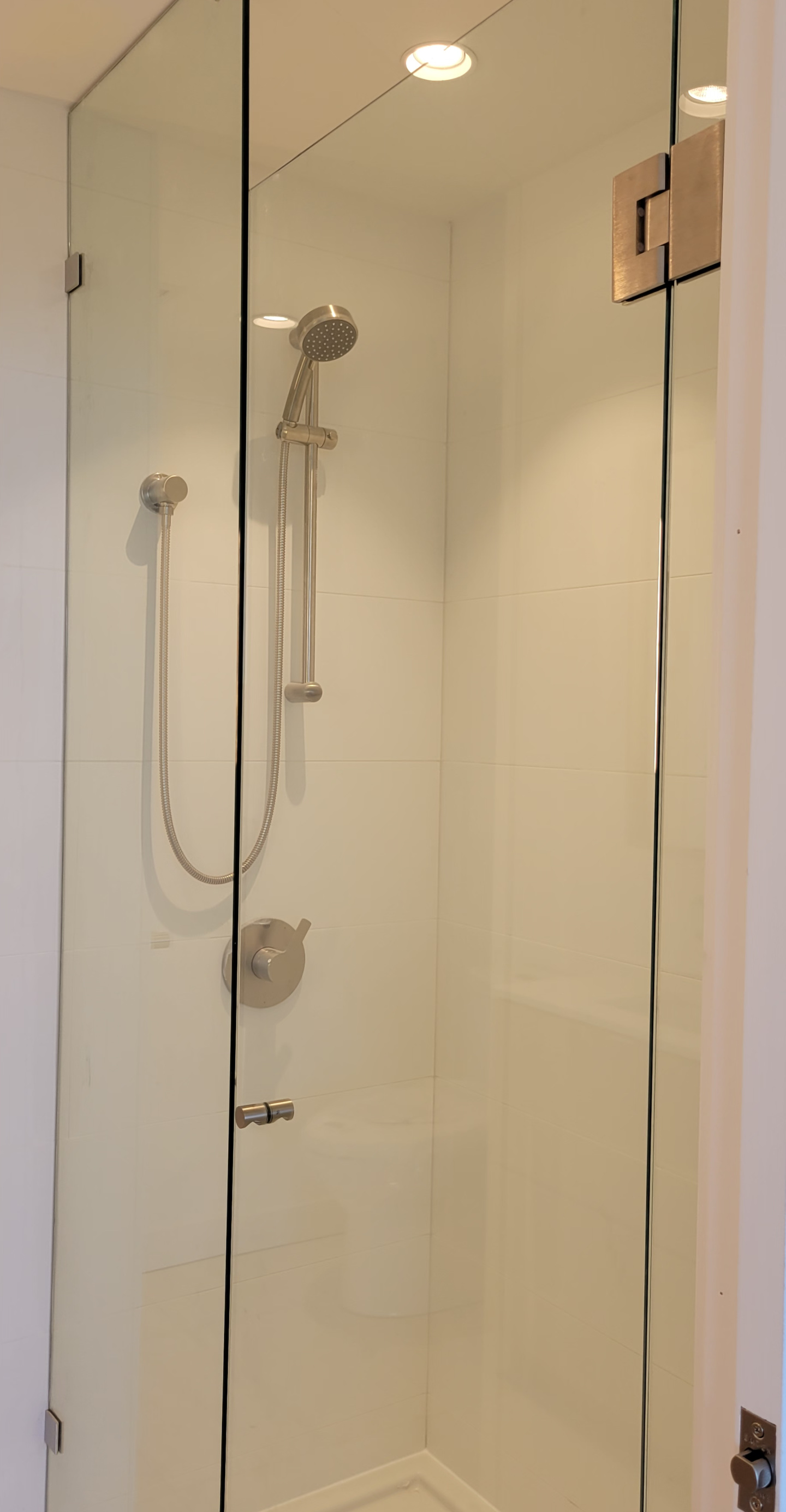 A renovated washroom, with an installed glass shower door and bathroom tiles.