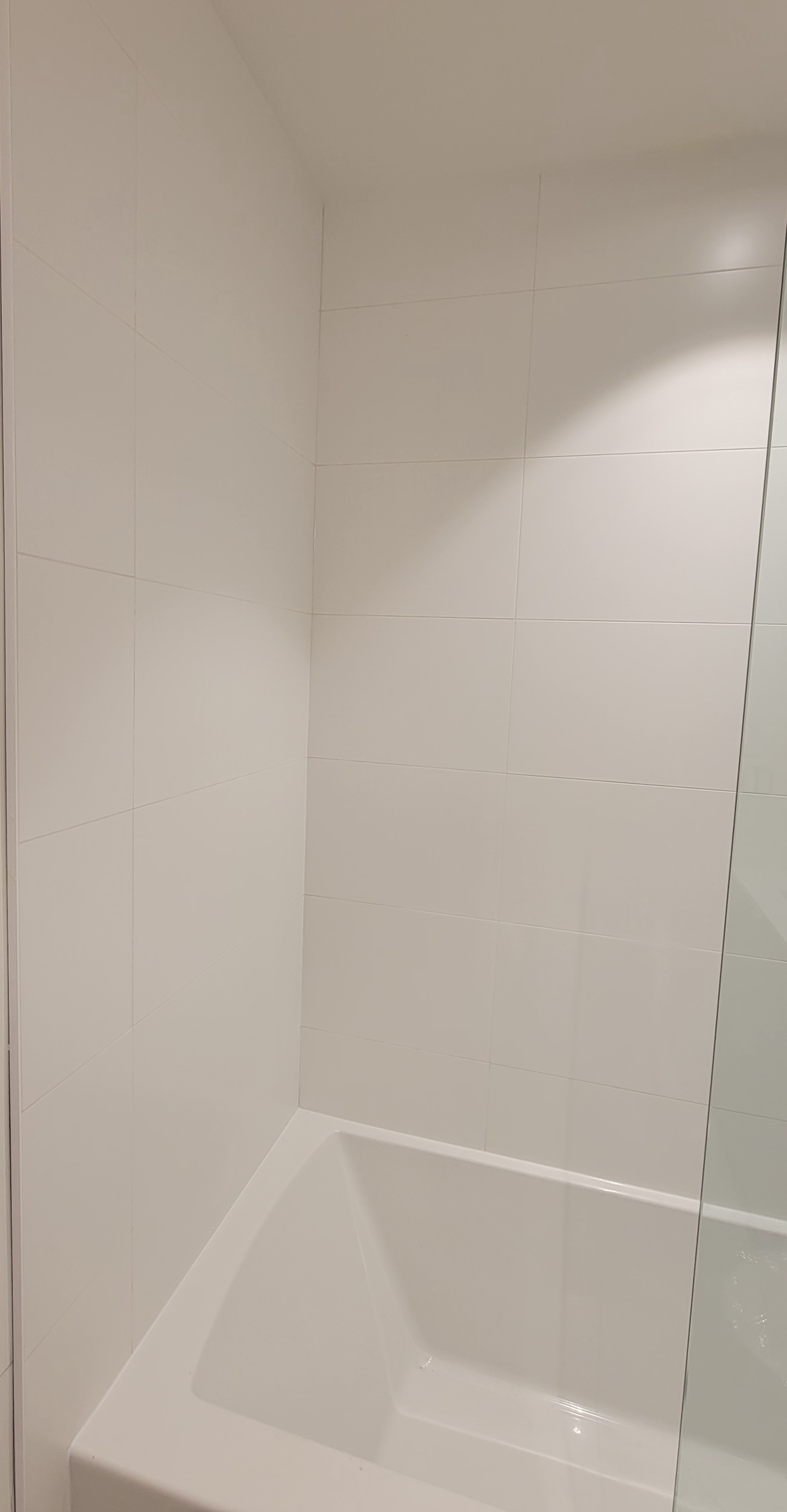 Newly installed bathroom wall tiles and bathtub.