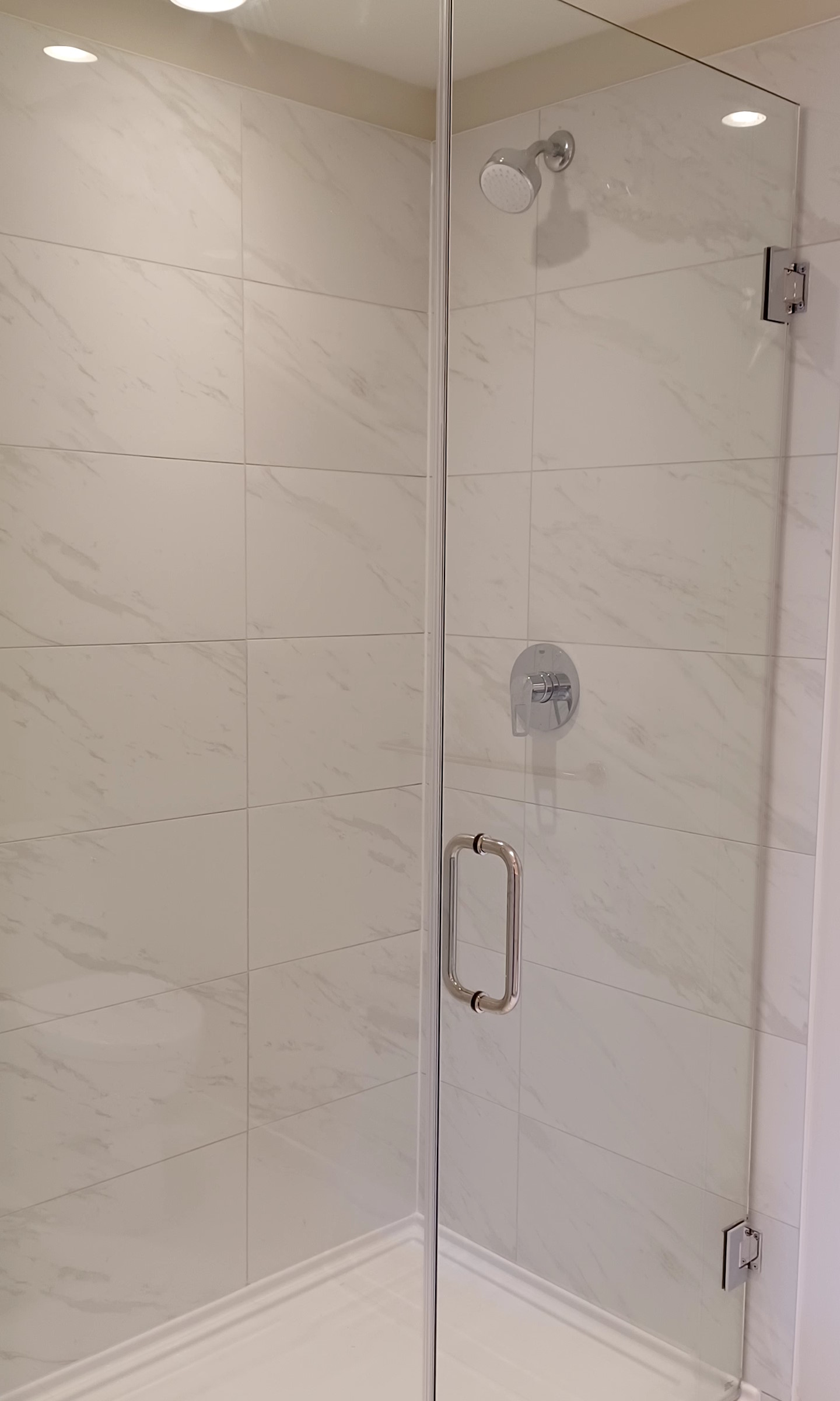 A renovated washroom shower, with installed wall tiles and glass shower door.