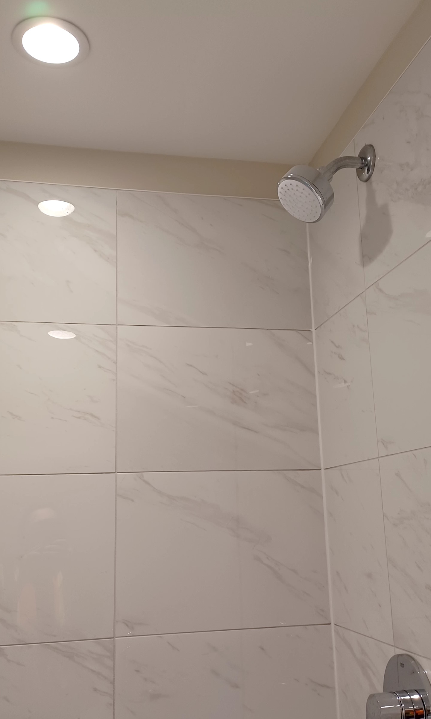 Freshly-installed washroom shower, with brand new bathroom tiles.