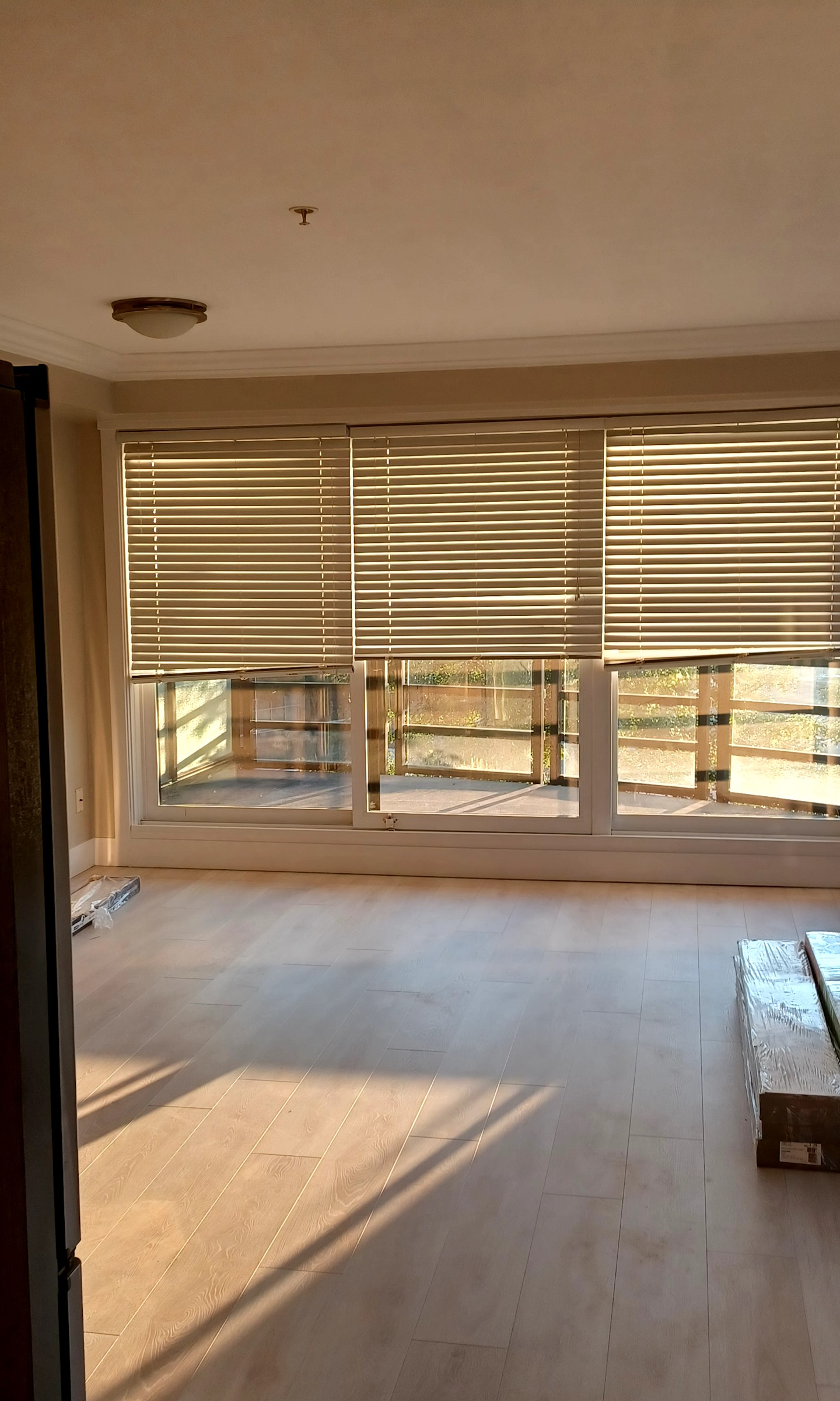 Three newly-installed windows, with afternoon sunlight beaming through the blinds.