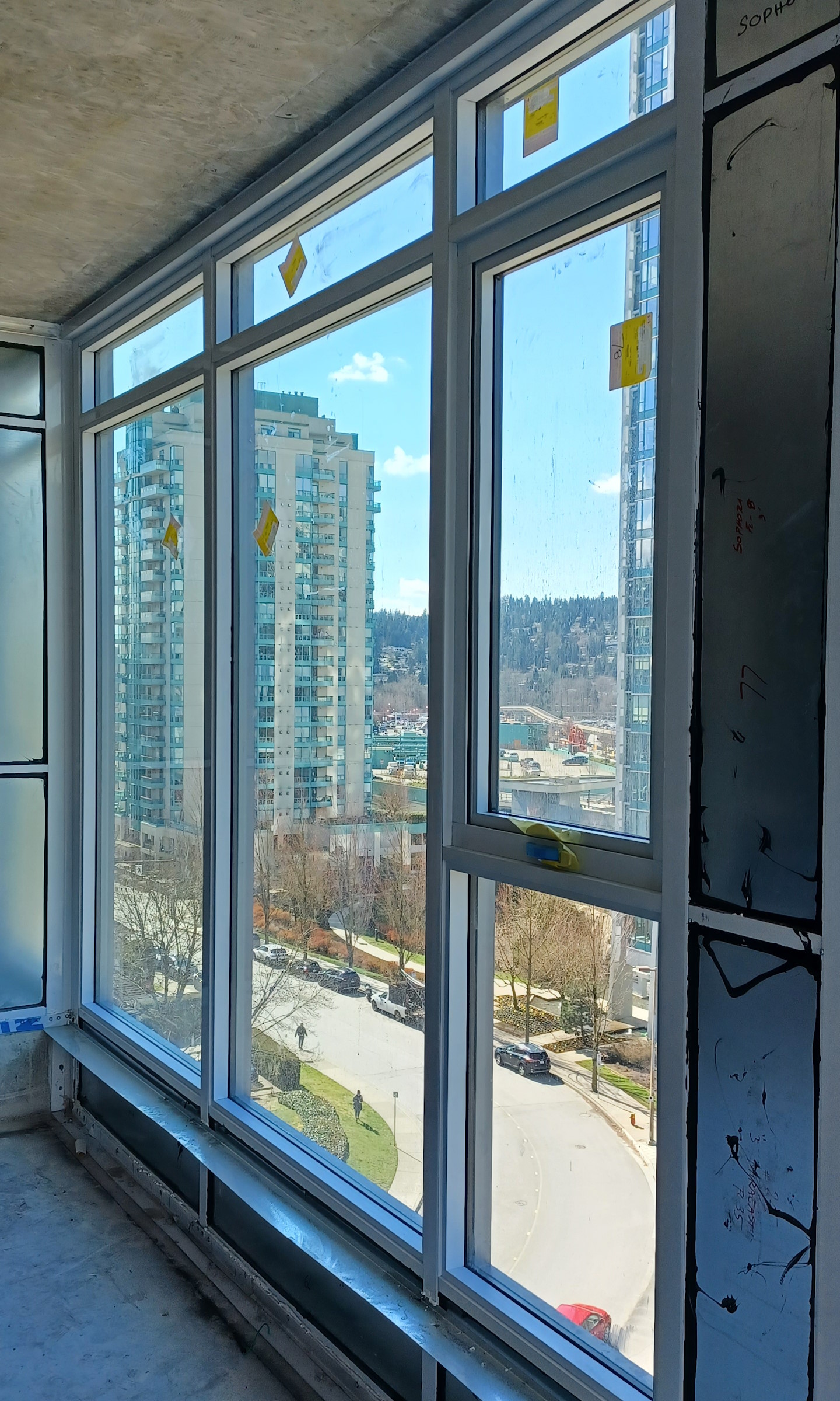 A large newly-installed multi-part window.