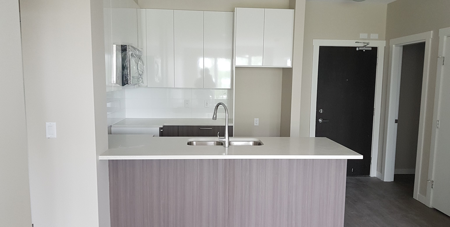 Completed kitchen renovation, with newly-installed kitchen cabinets, counter tops, and hardwood flooring.