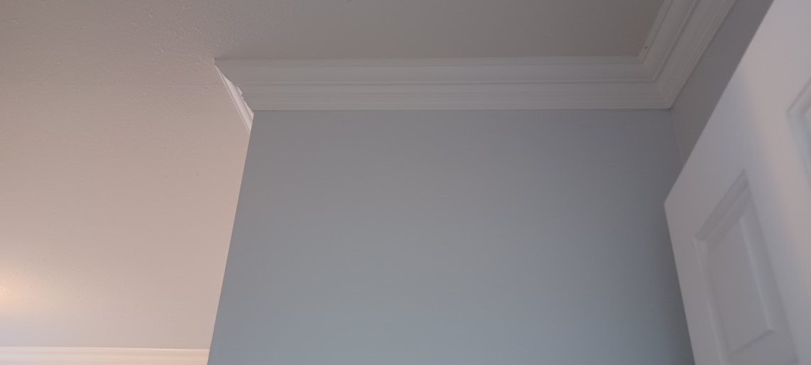 A closeup showing newly-painted wall, ceiling, and crown moulding.